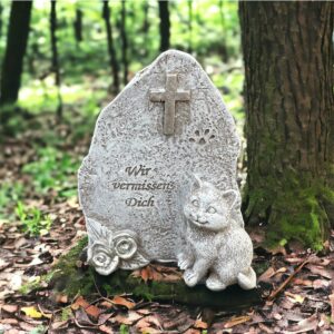 eberin · Grabschmuck für Tiere · In liebevoller Treue und Hingabe sitzt diese kleine Katze am Grabstein · EIN tröstenden Anker am Tiergrab · Tierbestattung · grau antik ·