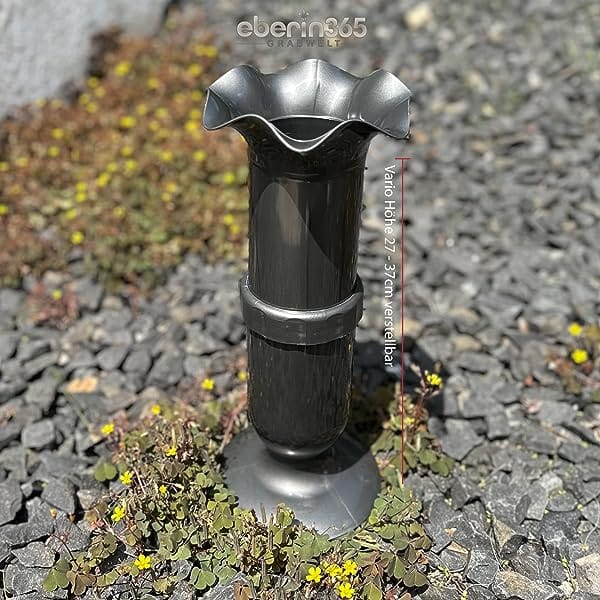 🖤eberin · Friedhof Grabvase · Grabblumenvase · Steckvase fürs Grab · Blumen- oder Gesteckvase · höhenverstellbar 27-37cm · Anthrazit mit Metallic-Optik · • Grabwelt eberin365